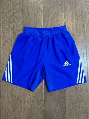 adidas Men’s Bright Blue Athletic Shorts with White Stripes